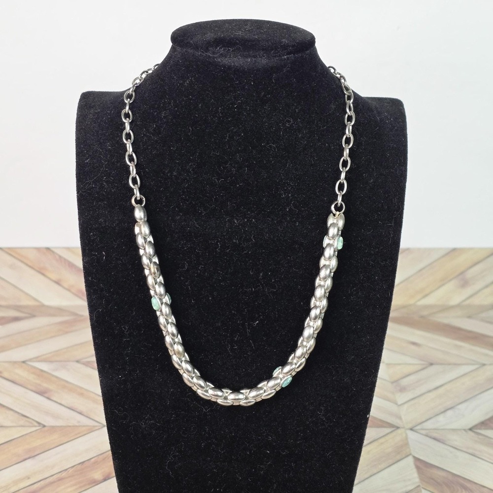 VTG Taxco Mexico 925 Sterling Silver Necklace Beads Rope Turquoise Inlay Closure